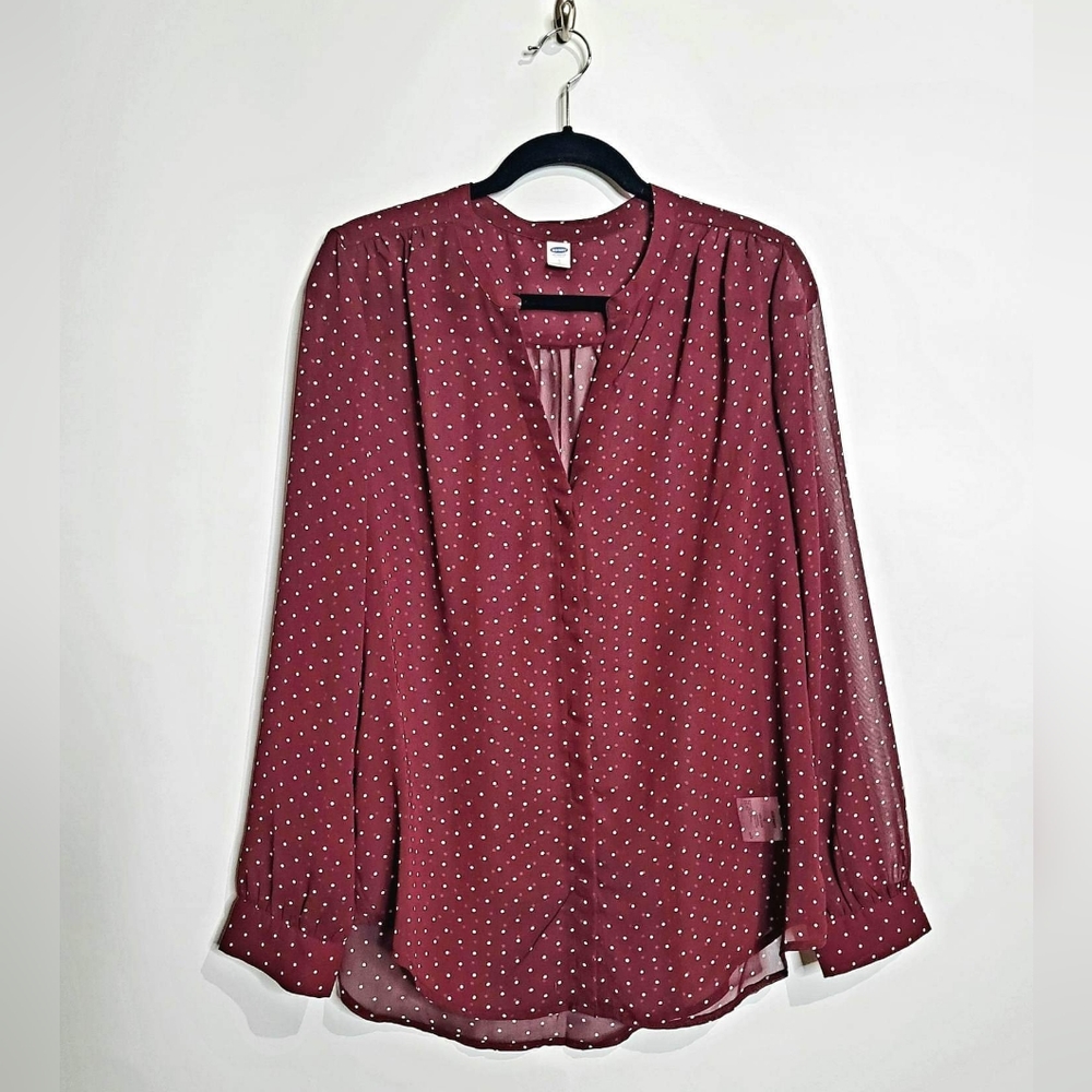 Flowy burgundy polka dot button down top